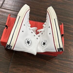 Converse White High-Top Canvas Sneakers with Red and Black Stripe
